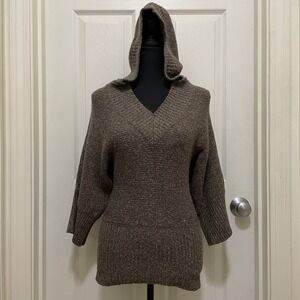 Anthropologie Kenji Hooded Knit Sweater 3/4 Dolman Sleeves V Neck Brown Small‎